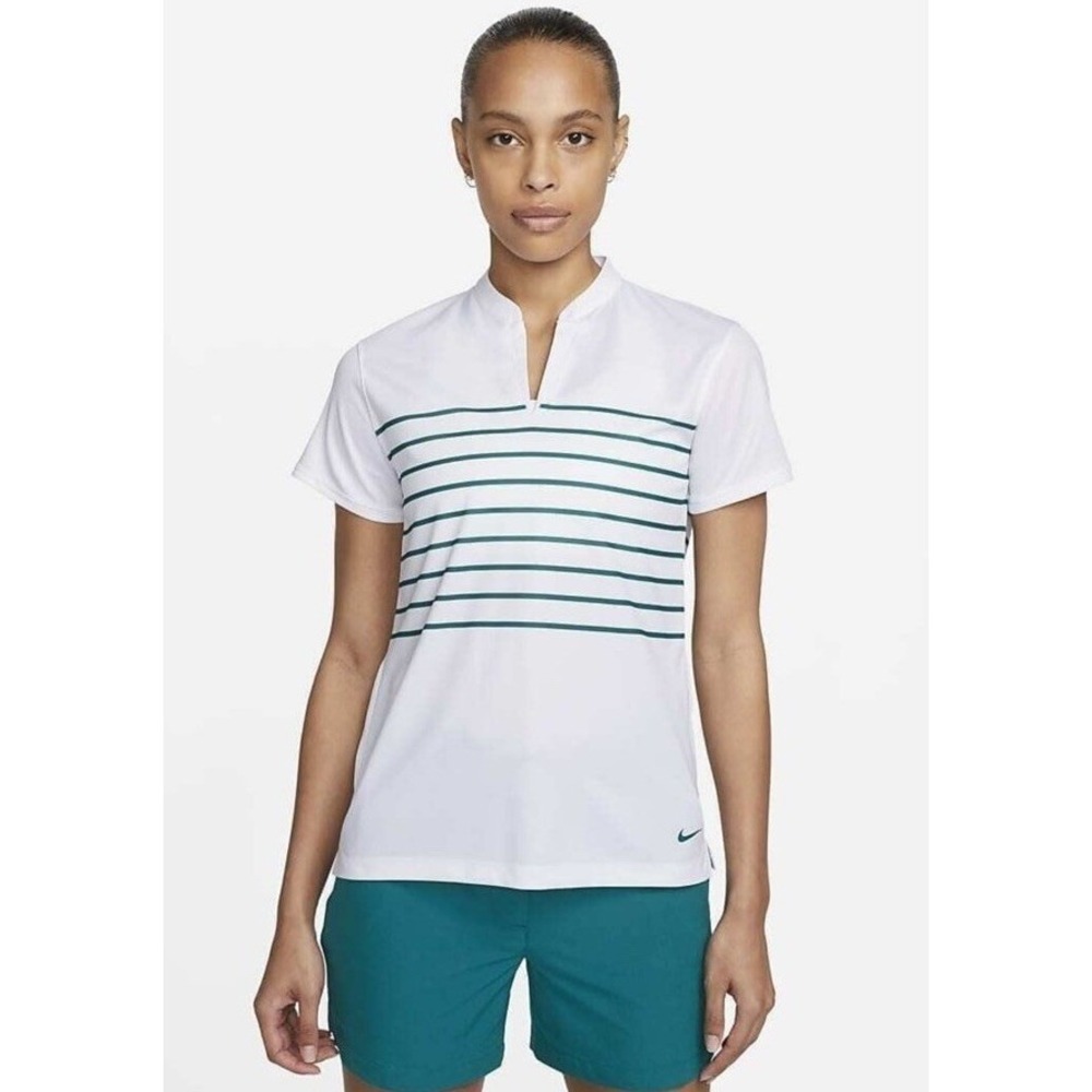 Nike Dri-FIT Golf Polo Short Sleeve Women Medium White Blue Striped Blade Collar